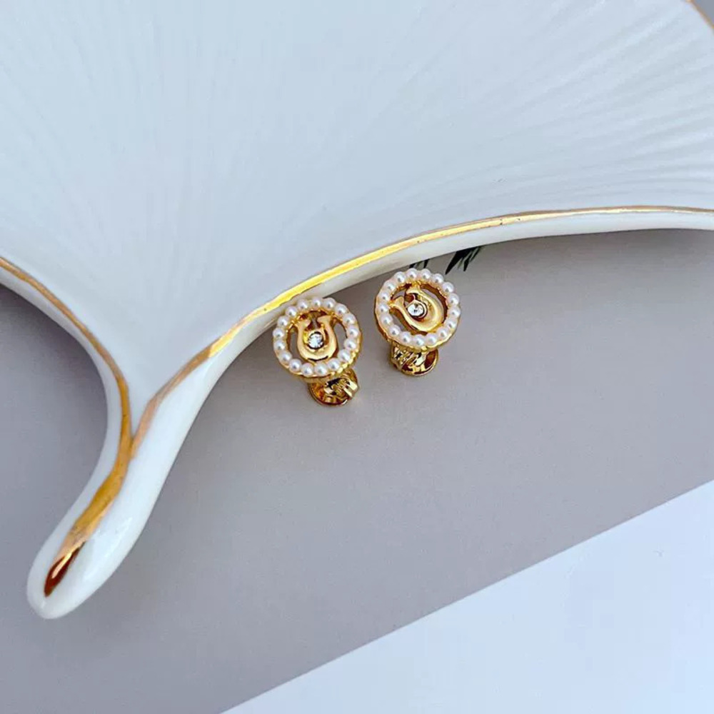 Coach Rice Pearl Crystal Round Letter Stud Earrings